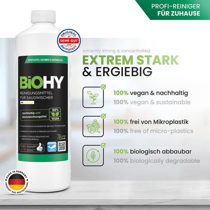 BiOHY cleaning agent for vacuum wipers, cleaners for wet and dry vacuum cleaners, floor care products, organic cleaners