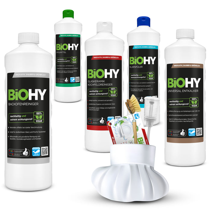 BiOHY set completo de chef + accesorios, lavavajillas líquido, pastillas lavavajillas, abrillantador, desincrustante universal, limpiador vitrocerámica, limpiador horno, cepillo lavavajillas, dosificador