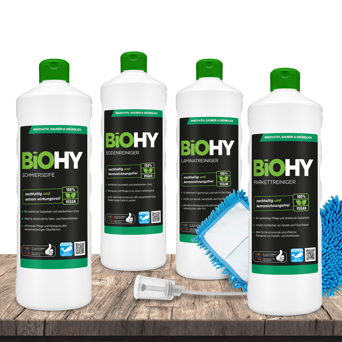 BiOHY Bodenständig-Set, Bodenreiniger, Laminatreiniger, Parkettreiniger, Schmierseife, Dosierer, 40cm Wischmopp