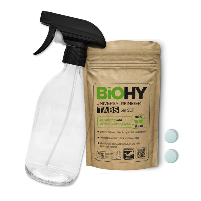 BiOHY glass bottle set with universal cleaner tabs, cleaning agents, cleaning tablets, all-purpose cleaner tabs