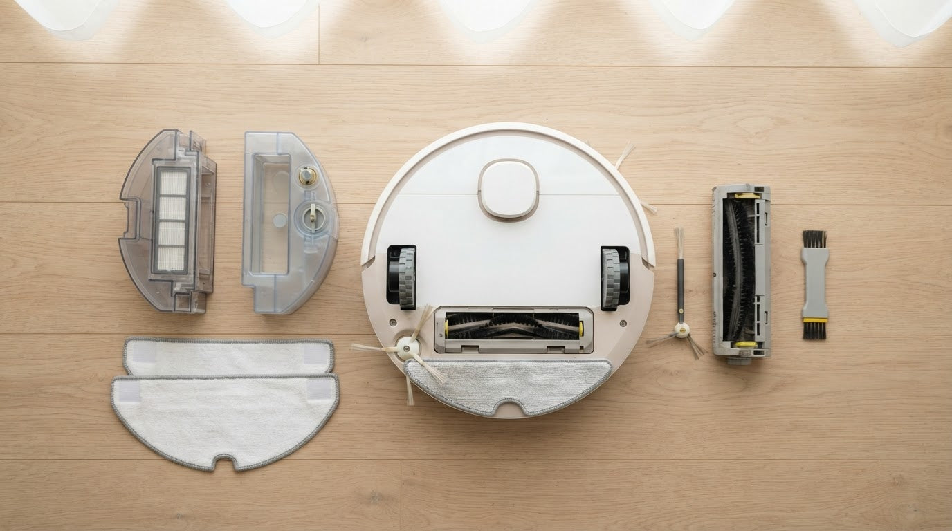 Wischroboter mit Wassertank, Wischpads und Bürste zur Reinigung ausgelegt