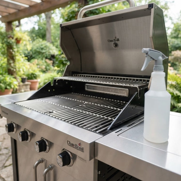 Sauberer Edelstahlgrill mit blankem Grillrost auf einer Terrasse