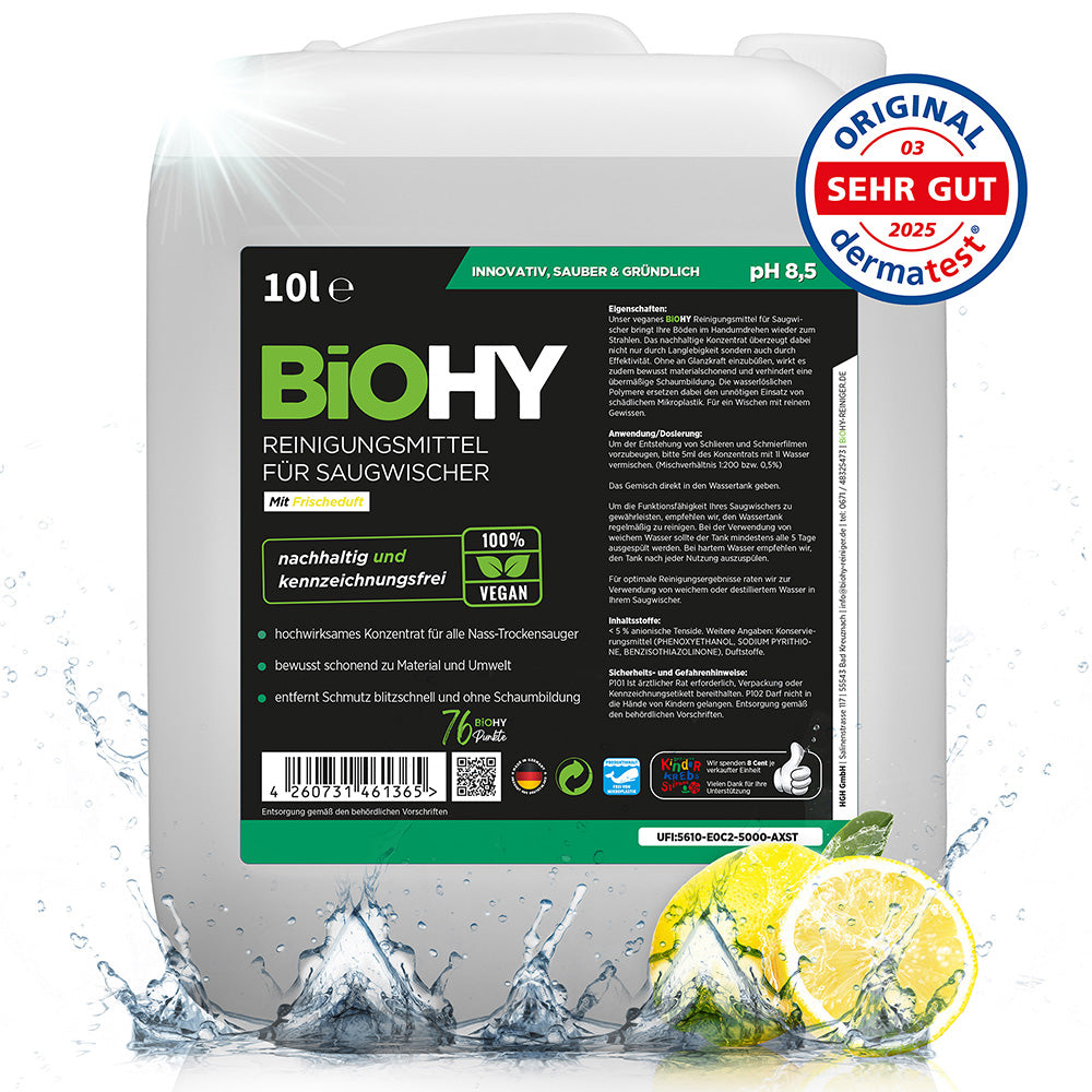 BiOHY cleaning agent for vacuum wipers, cleaners for wet and dry vacuum cleaners, floor care products, organic cleaners
