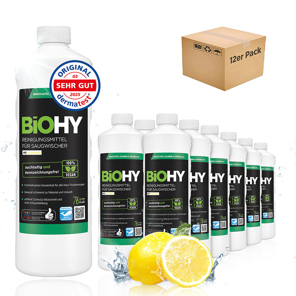 BiOHY cleaning agent for vacuum wipers, cleaners for wet and dry vacuum cleaners, floor care products, organic cleaners