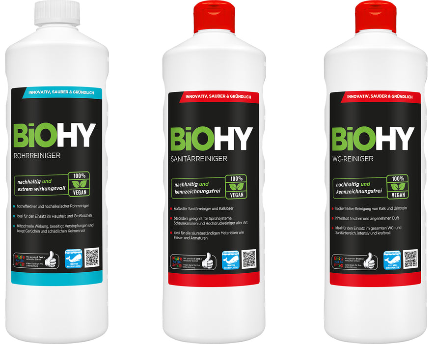 BiOHY still place complete set, toilet swan, sanitary cleaner, pipe cleaner, spray bottle, microfibre cloths, dispenser