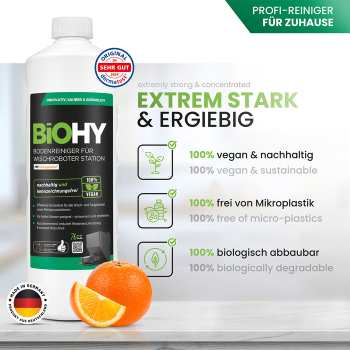 BiOHY Bodenreiniger für Wischroboter Station mit Orangenduft, Reiniger für Reinigungsstationen, Für hartes Wasser geeignet, Nicht schäumender Bodenreiniger, Bio-Konzentrat