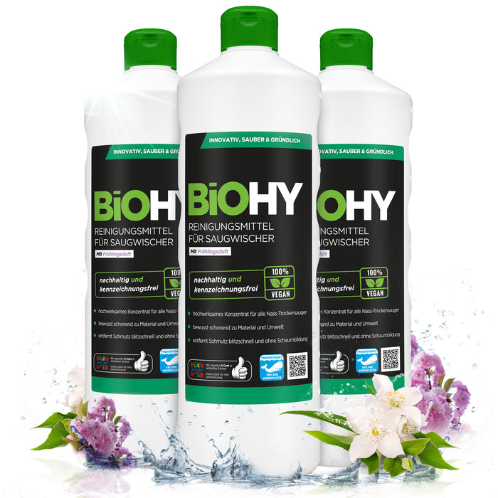 BiOHY cleaning agent for vacuum wipers, cleaners for wet and dry vacuum cleaners, floor care products, organic cleaners