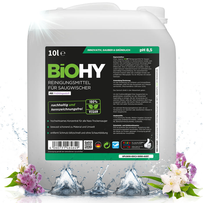 BiOHY cleaning agent for vacuum wipers, cleaners for wet and dry vacuum cleaners, floor care products, organic cleaners