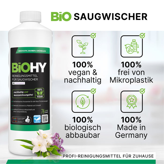 BiOHY cleaning agent for vacuum wipers, cleaners for wet and dry vacuum cleaners, floor care products, organic cleaners