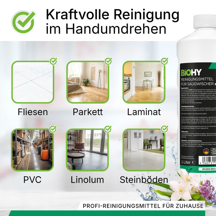 BiOHY cleaning agent for vacuum wipers, cleaners for wet and dry vacuum cleaners, floor care products, organic cleaners