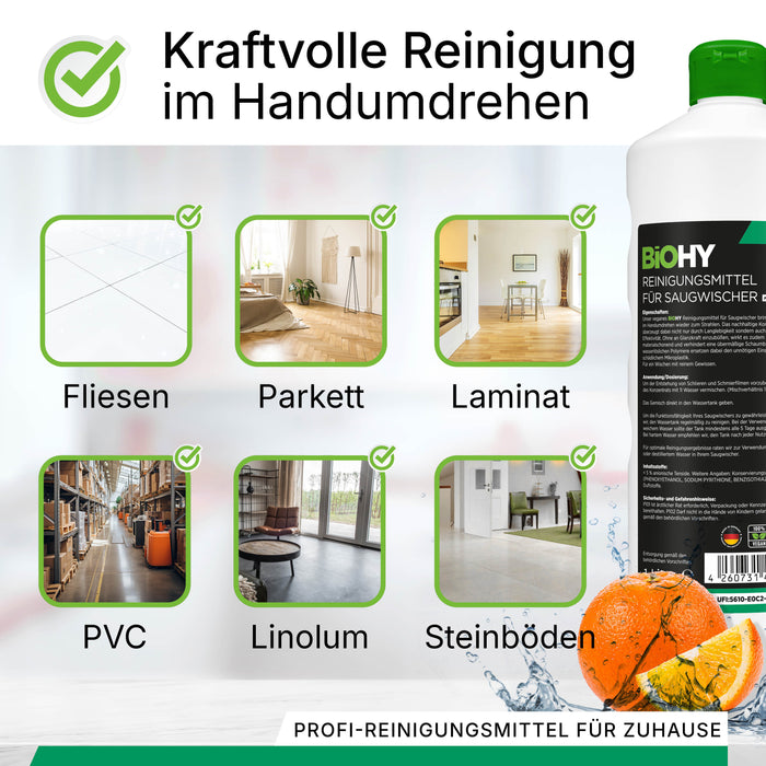 BiOHY cleaning agent for vacuum wipers, cleaners for wet and dry vacuum cleaners, floor care products, organic cleaners