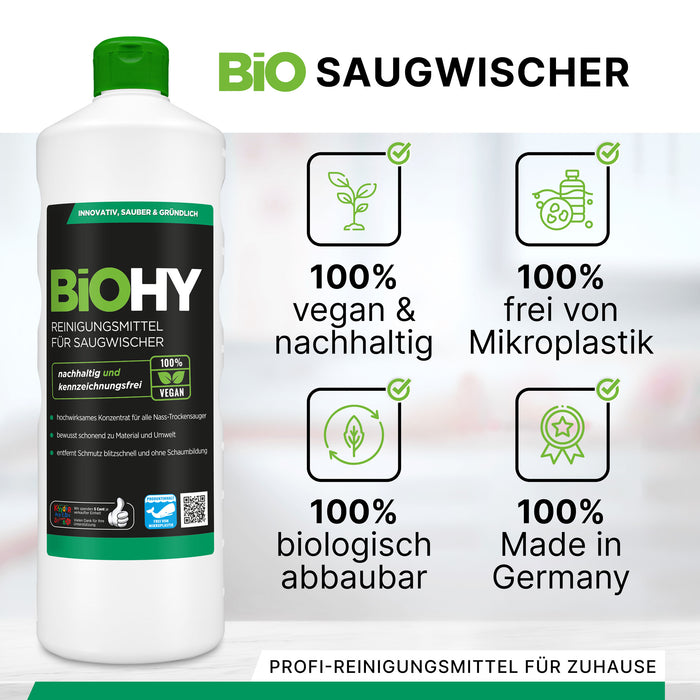 BiOHY cleaning agent for vacuum wipers, cleaners for wet and dry vacuum cleaners, floor care products, organic cleaners