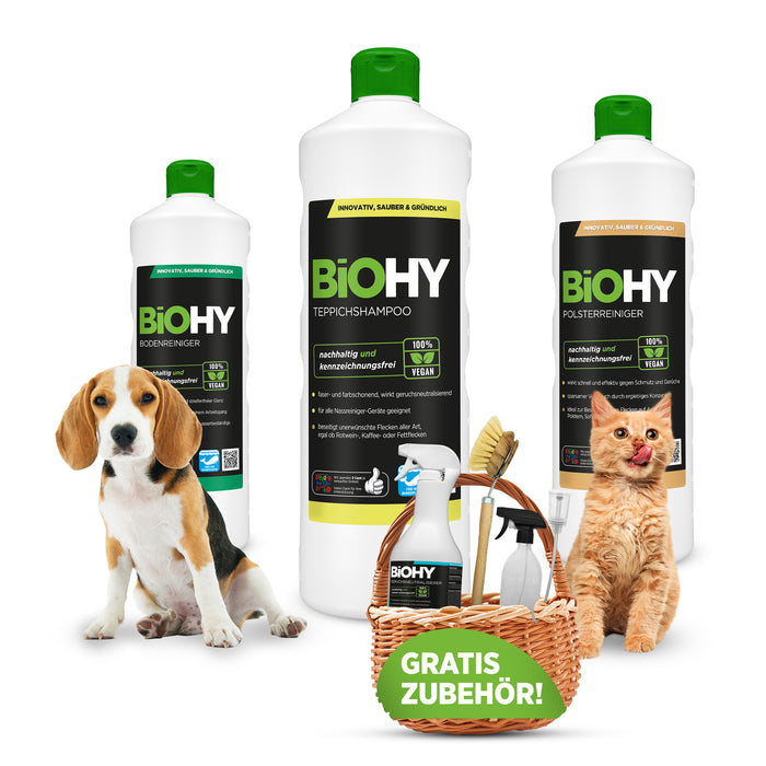 BiOHY Happy pet set + accesorios, neutralizador de olores, limpiador de alfombras, tapicerías y suelos, botella pulverizadora, cepillo lavavajillas, dosificador