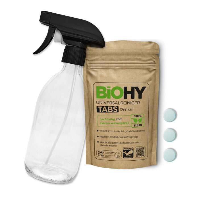 BiOHY glass bottle set with universal cleaner tabs, cleaning agents, cleaning tablets, all-purpose cleaner tabs